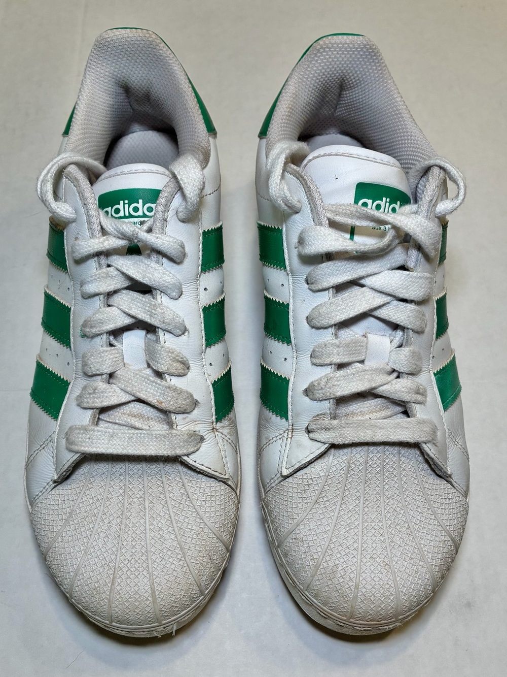 Adidas Size 8.5 Superstar Sneakers in White with Green Stripes - Picture 2 of 10